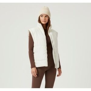Oversized Ivory Puffer Vest Quilted Padded Zip Up Collar‎ Warm Winter Small